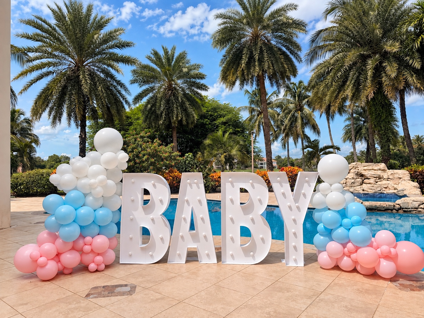 BABY light-up letters framed by pink, blue and white balloons