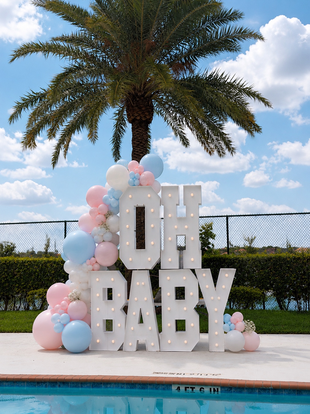 OH BABY light-up letters with pink, blue and white balloons