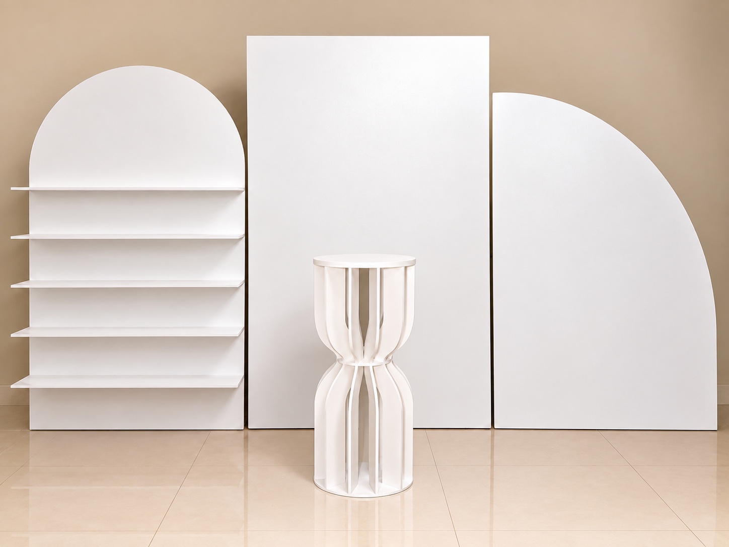 White five-shelf display wall, large rectangular panel, curved panel and pedestal available for rent
